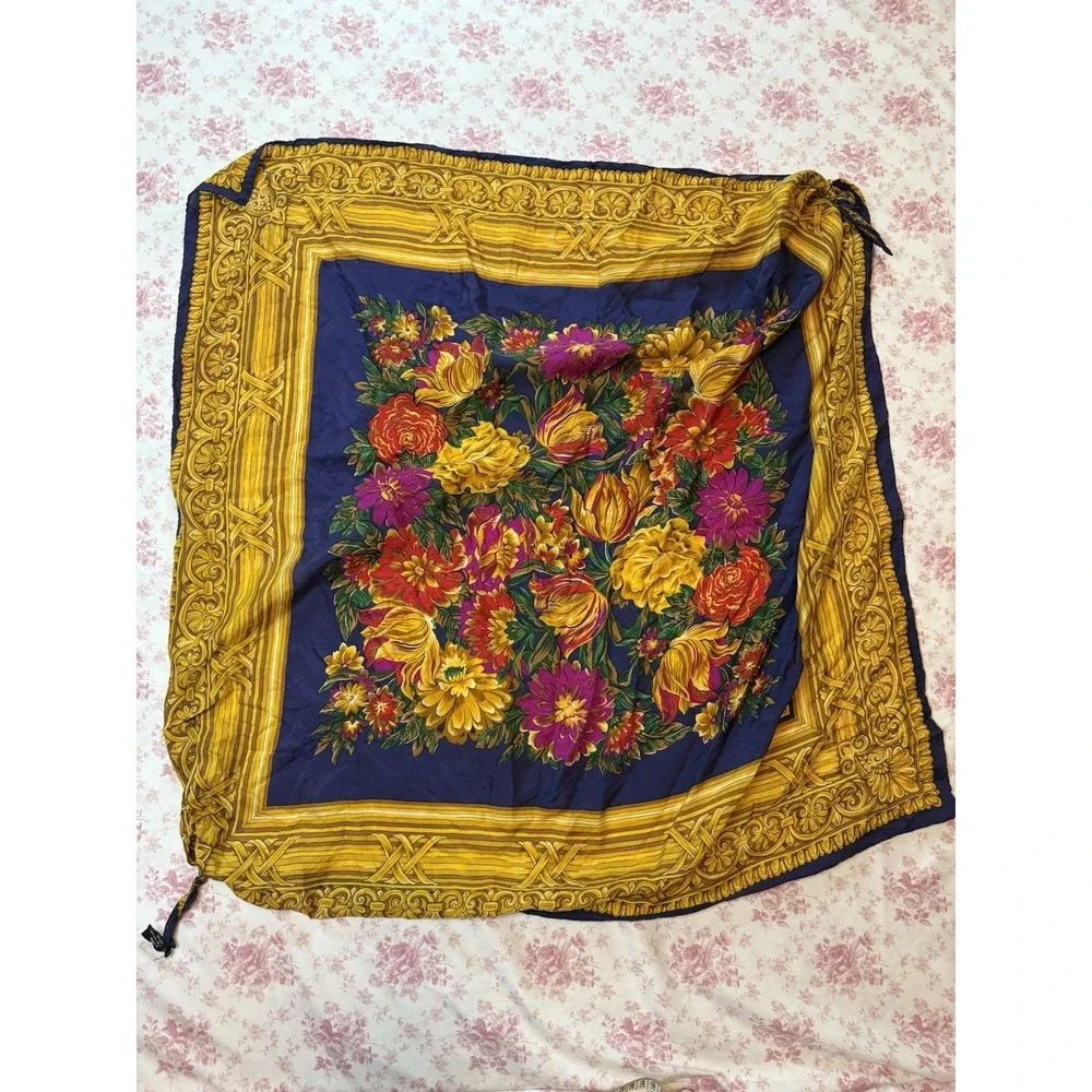 Harvé Benard Floral Silk Scarf Navy Gold Square 33x35 Vintage